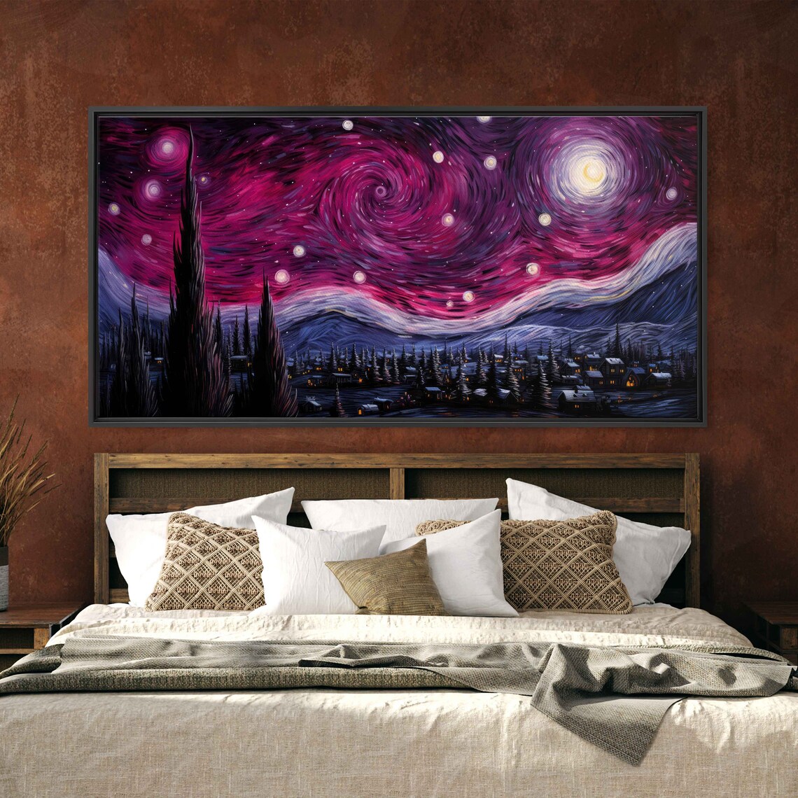 Pink Starry Night Swirling Sky Moon Mountain Town Van Gogh Inspired Art Print - Image 3