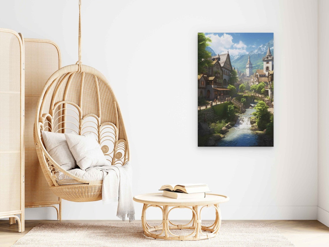 Medieval Fantasy Village Waterfall Mountain Old Town Wall Art Poster - Image 3