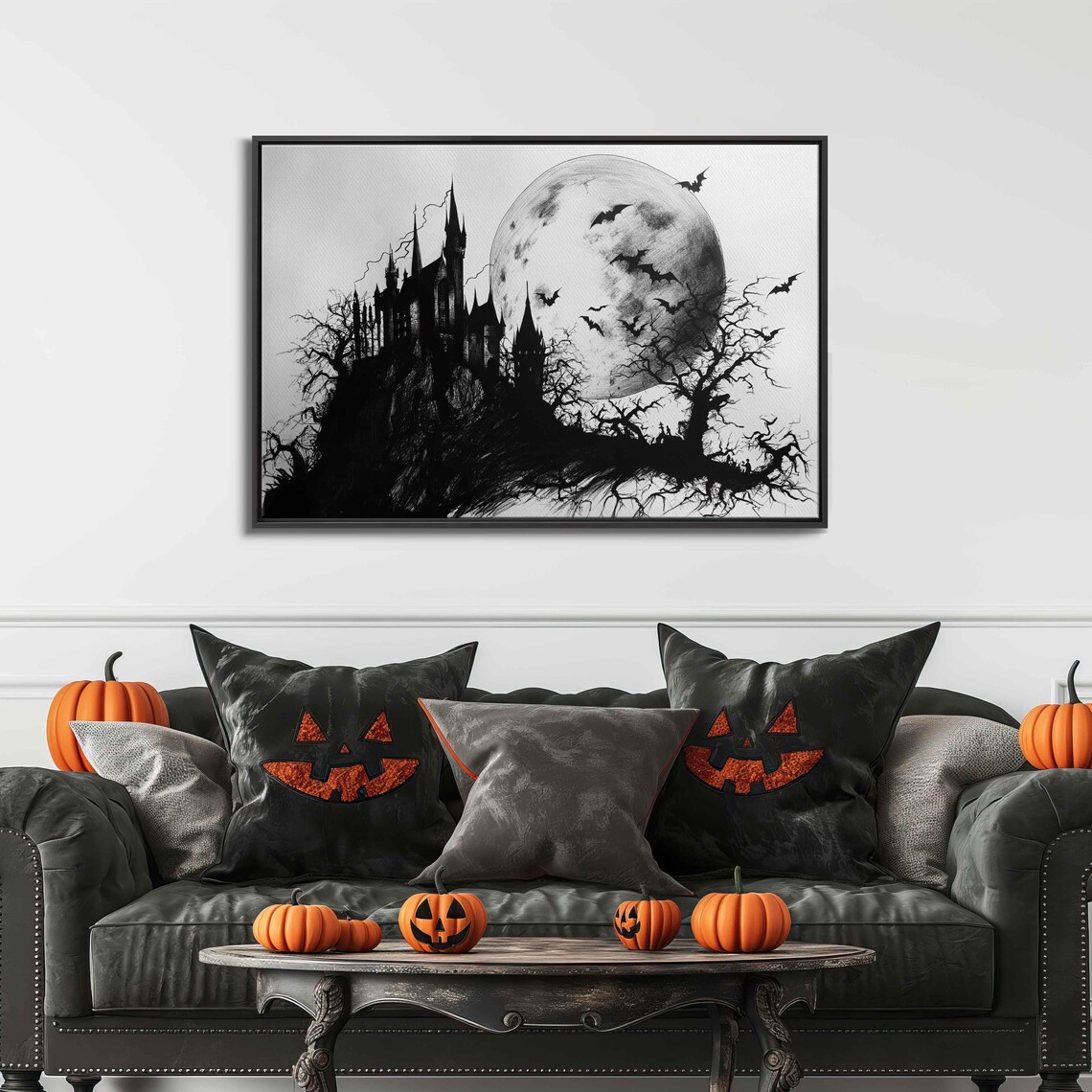 Haunted Castle Silhouette Under Full Moon With Flying Bats Halloween Art Poster - Image 3