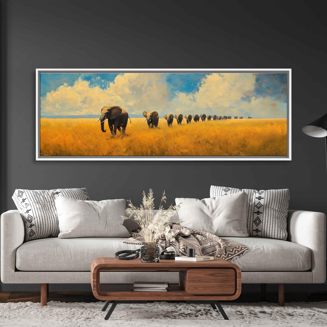 Herd of Elephants Crossing Golden Savanna Grassland Panoramic Wildlife Poster - Image 3