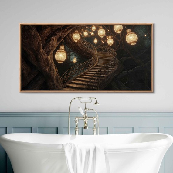 Mystical Spiral Staircase Wall Art Print Tree Trunk Glow Lanterns Fantasy Atmosphere