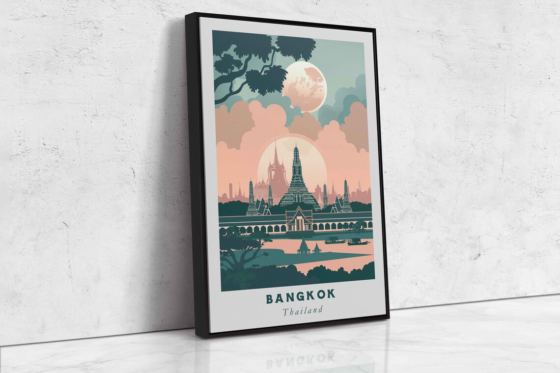 Bangkok Thailand Temple Spires Moonlit River Retro Travel Poster - Image 2