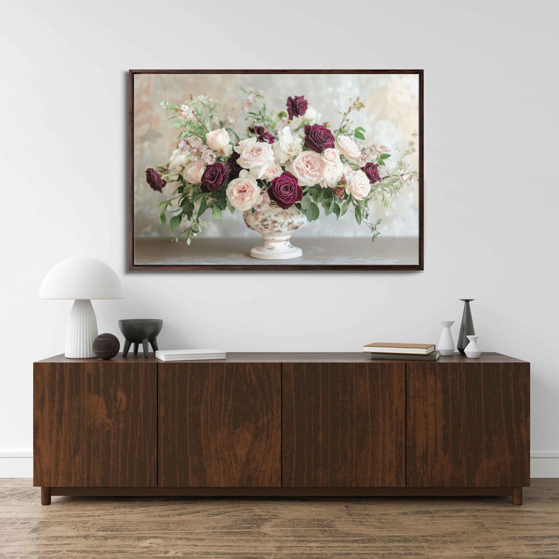 Elegant Vintage Floral Arrangement, Burgundy Roses Art Print