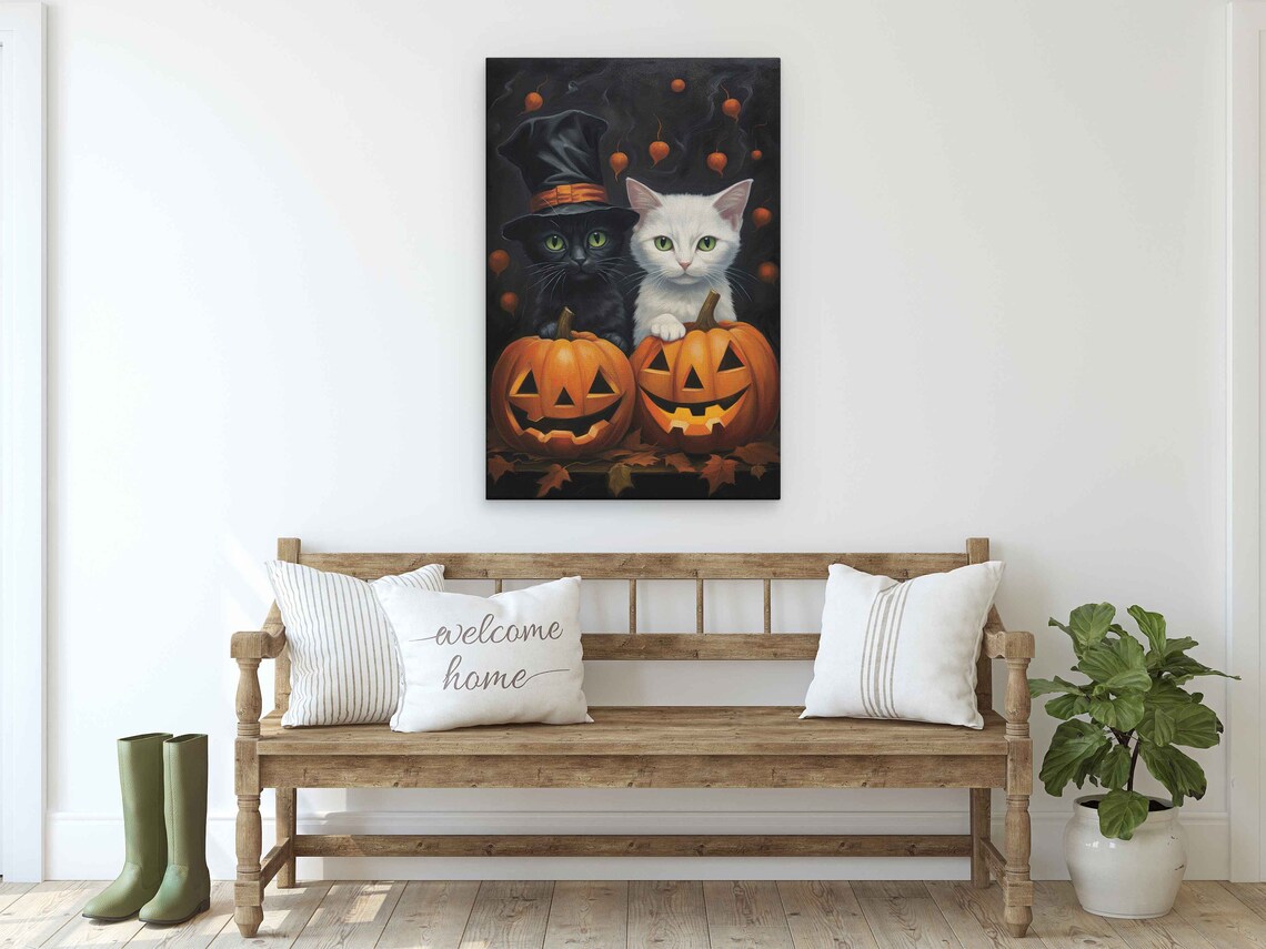 Halloween Cat Pair Jack O Lanterns Witch Hat Cute Black White Cats Poster - Image 3