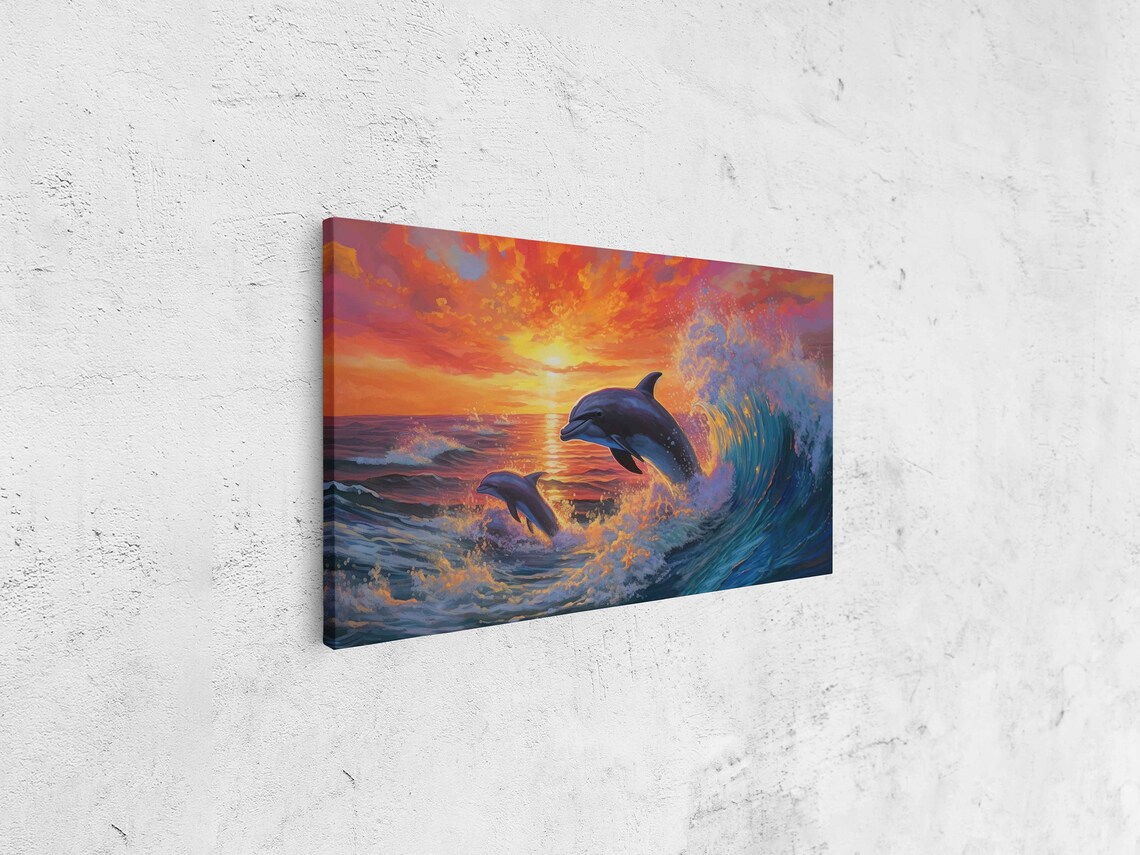 Dolphins at Sunset, Ocean Waves Wall Art Print - Image 4