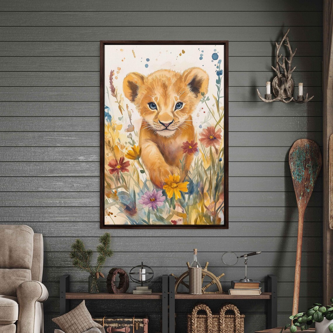 Lion Cub Playing In Wildflowers Watercolor Baby Animal Nursery Poster - Image 3