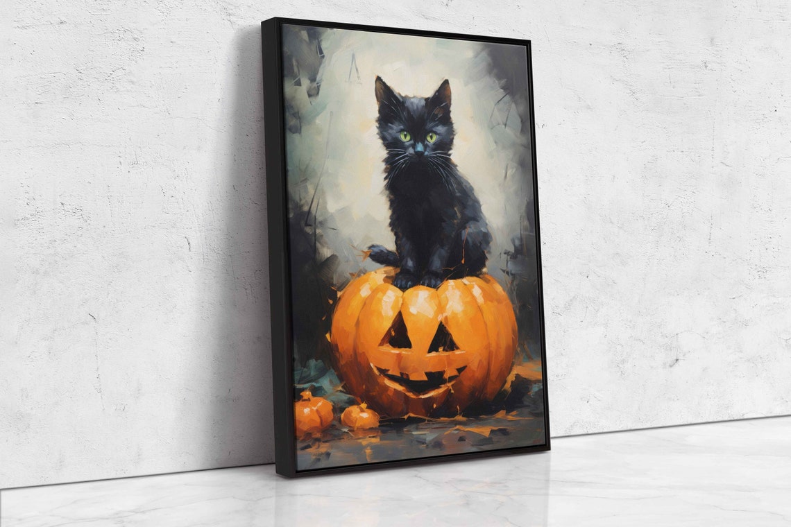 Black Cat On Jack O Lantern Halloween Pumpkin Painterly Cat Print - Image 4