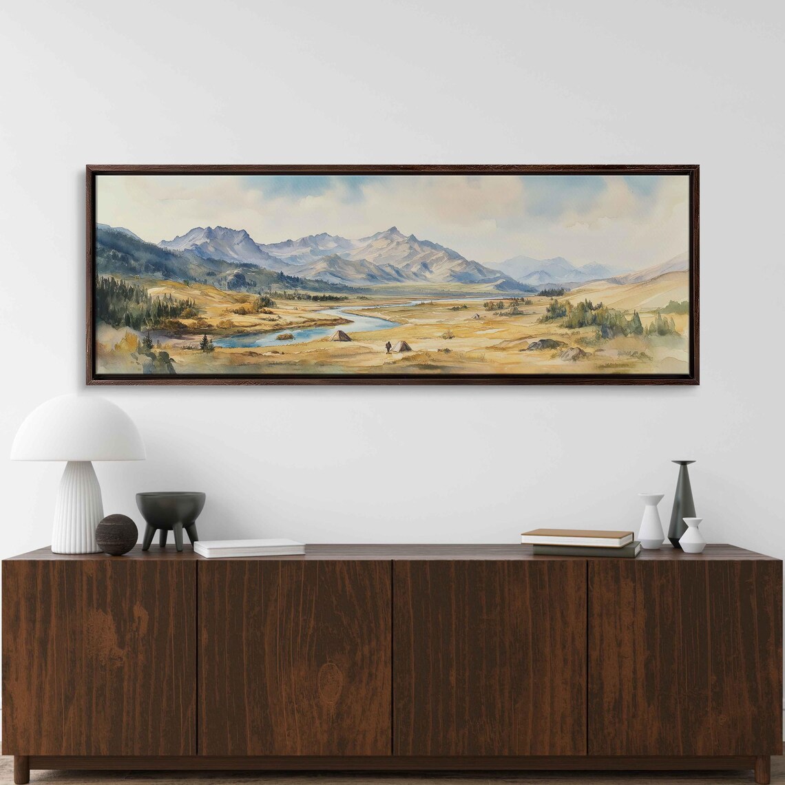 Expansive Wilderness Valley River Mountains Watercolor Landscape Poster - Image 3