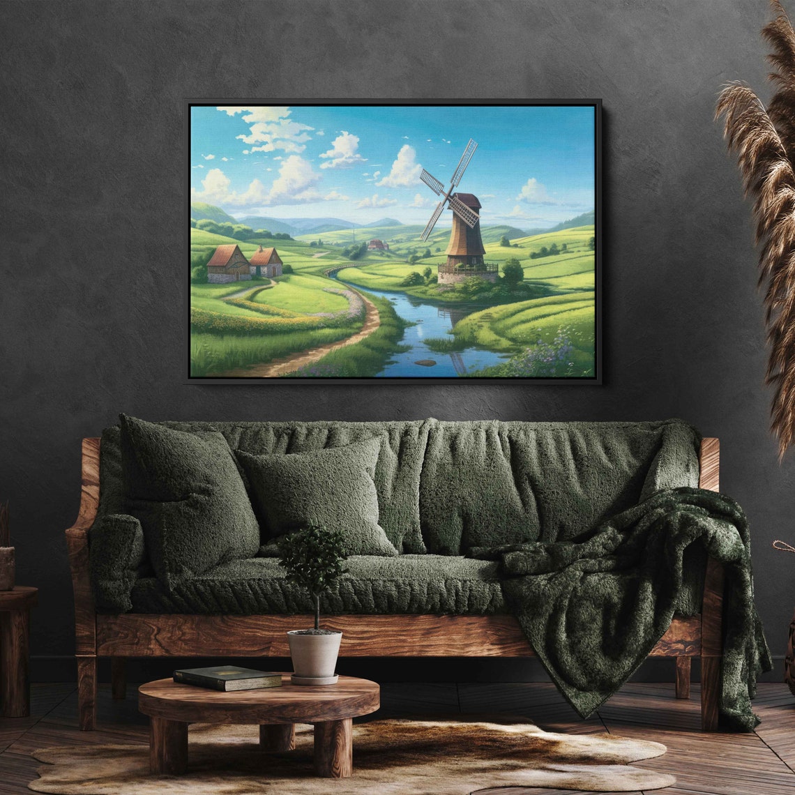 Serene Countryside Landscape Windmill River Framed Print Ready To Hang Country Rustic Wall Art Rural Decor - Image 3
