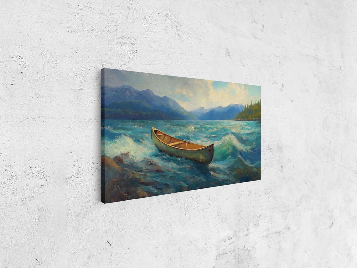 Lone Canoe On Lively Lake Wall Art Print Dynamic Oil Painting Mountain View - Image 4