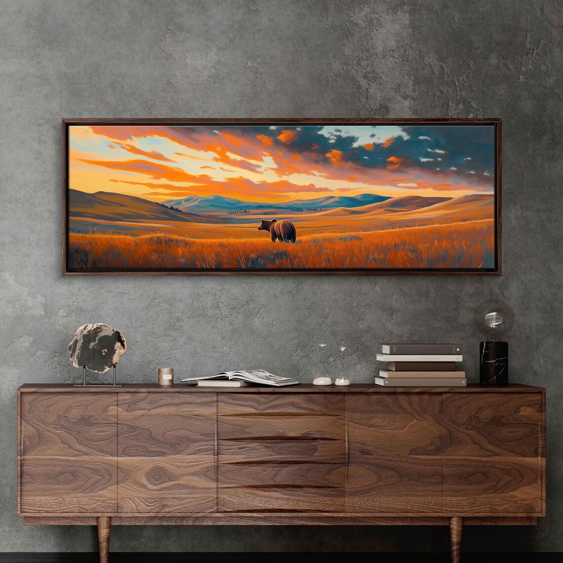 Grizzly Bear In Golden Tundra Field Dramatic Sunset Oil Painting Poster