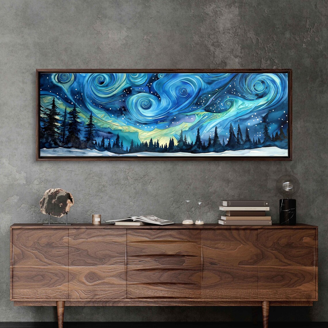 Starry Night Northern Lights Swirls Over Snowy Pine Forest Wall Art Poster
