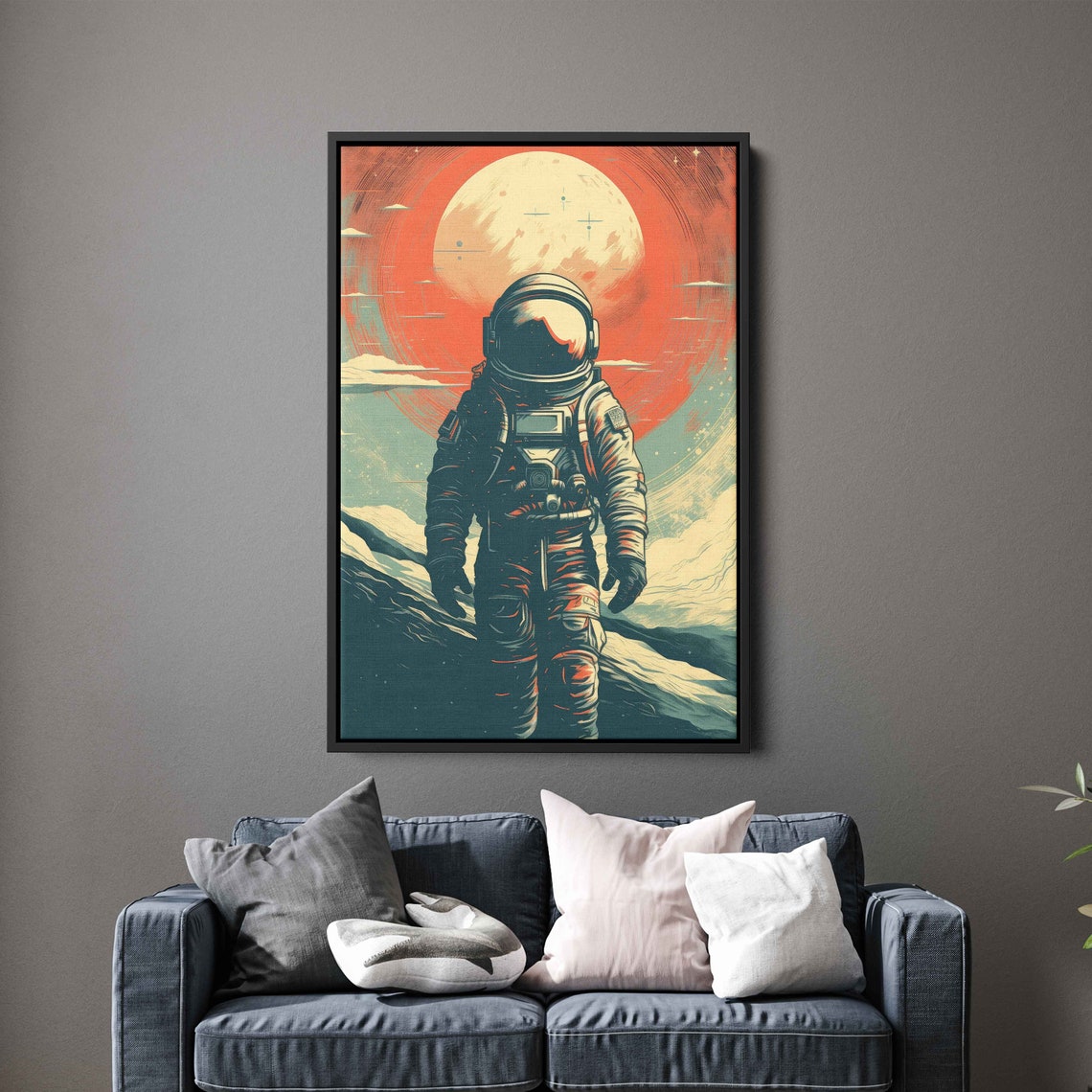 Retro Astronaut Space Art Giant Moon Earth Tone Vintage Style Poster