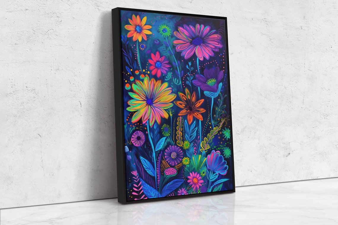 Neon Wildflowers Night Garden Colorful Daisies Painting Poster - Image 4
