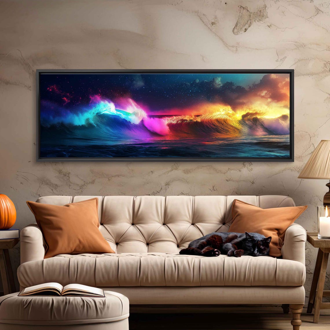 Surf Scene With Colorful Neon Waves Wall Art Print Gift For Surfer Ocean Art Ready To Hang - Image 3