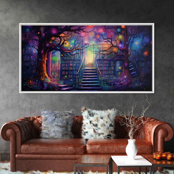 Enchanted Tree Of Knowledge Library Staircase Orbs Fantasy Wall Art Print