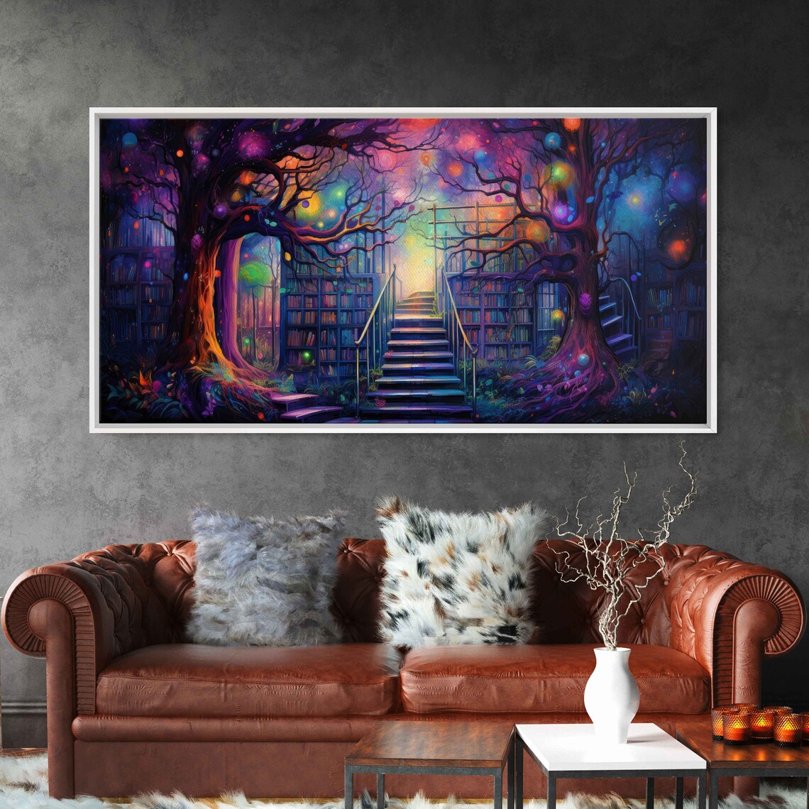 Enchanted Tree Of Knowledge Library Staircase Orbs Fantasy Wall Art Print