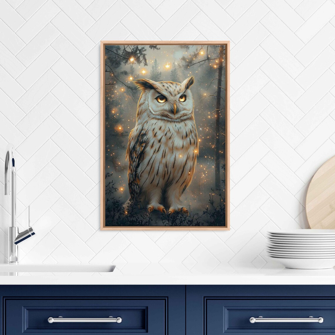 White Owl Portrait Golden Forest Sparkles Mystical Woodland Art Poster