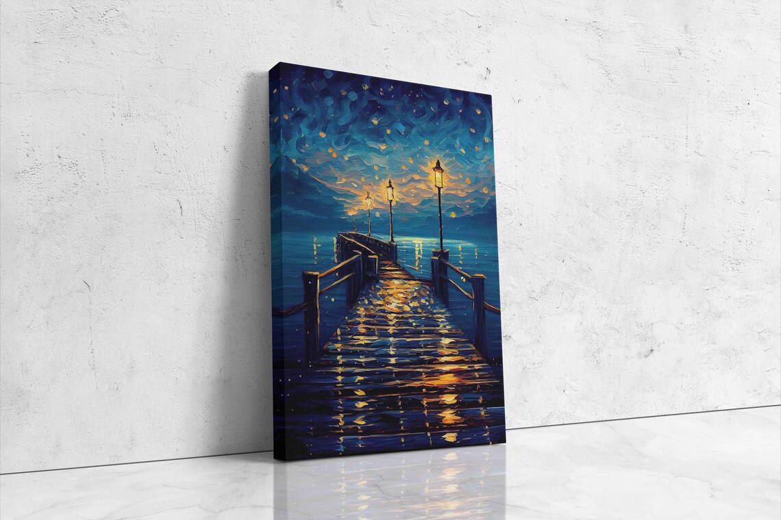 Starry Night Beach Pier Glowing Lantern Lights Over Ocean Waves Art Poster - Image 4