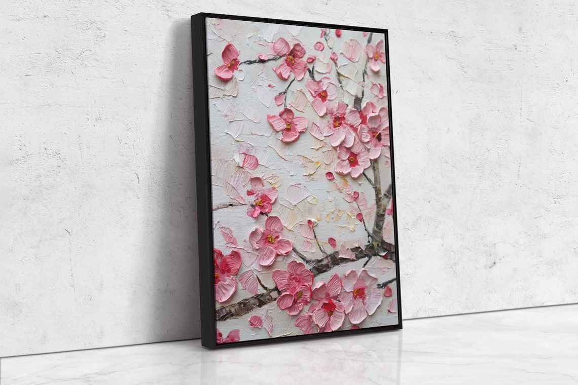 Cherry Blossom Pink Petals 3D Impasto Texture Floral Painting Wall Art - Image 4