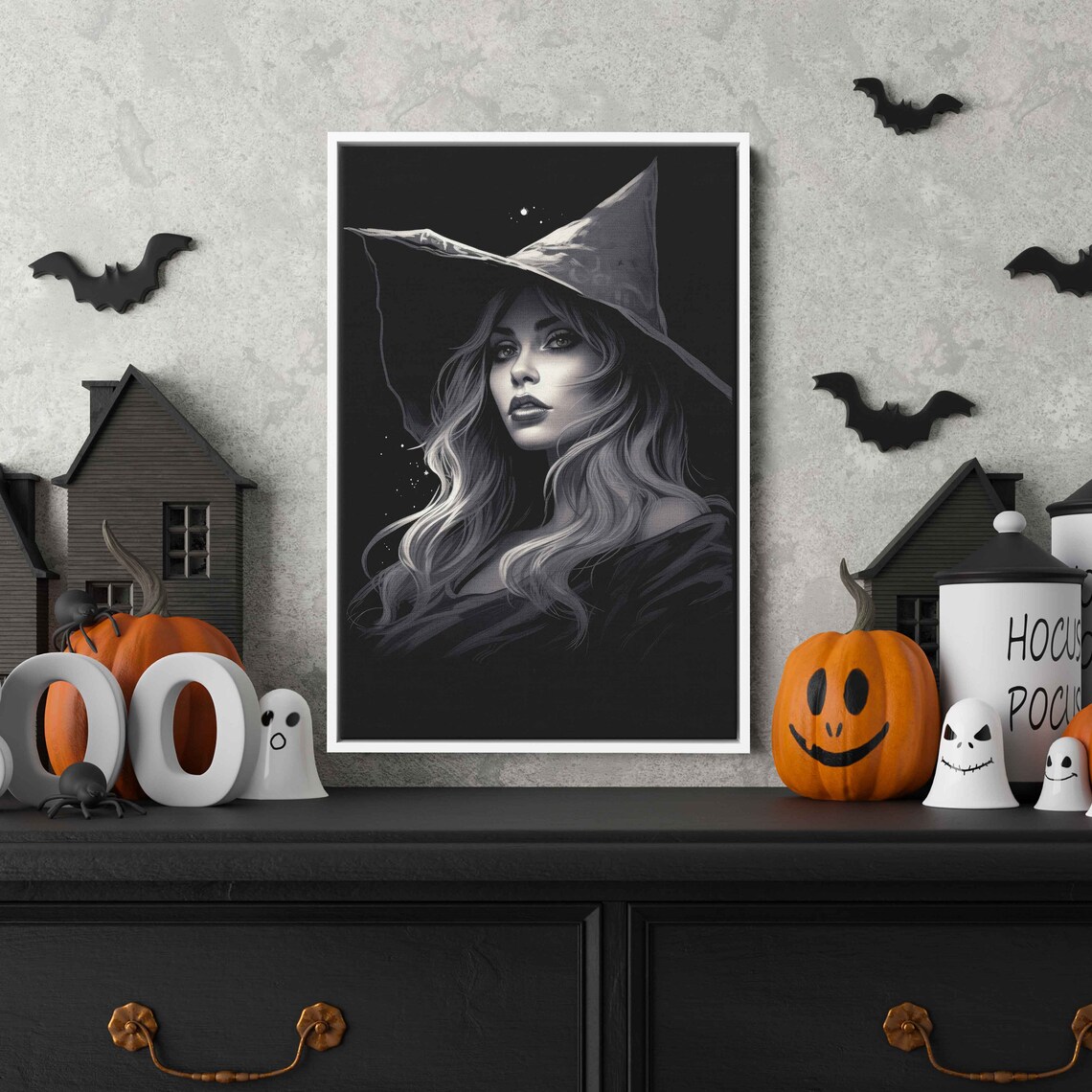Celestial Witch Portrait Black White Pointed Hat Starry Night Halloween Print