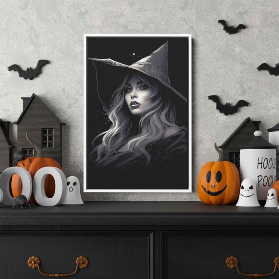 Celestial Witch Portrait Black White Pointed Hat Starry Night Halloween Print