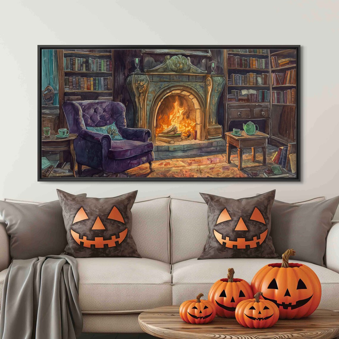 Cozy Witches Library With Fireplace And Purple Armchair Watercolor Poster