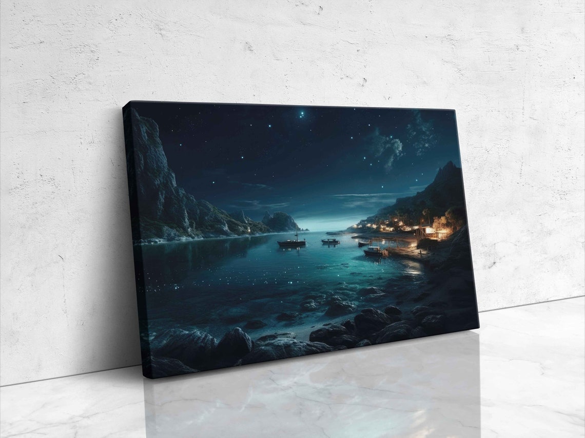 Starry Night Coastal Bay Boats Under Moonlight Landscape Art Poster - Image 4