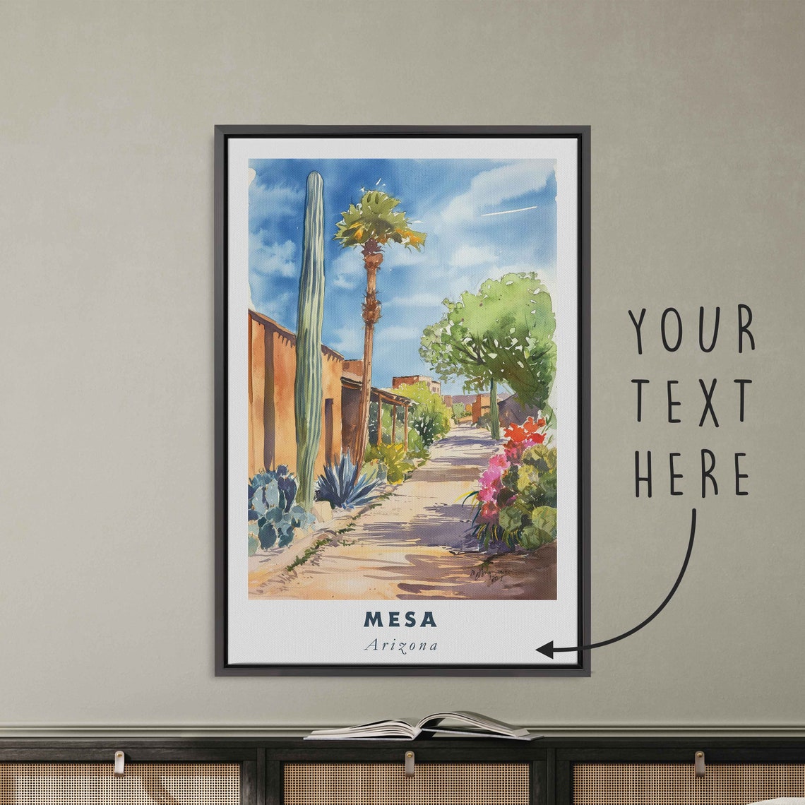 Mesa Arizona Desert Street Saguaro Cactus Adobe Watercolor Art Poster