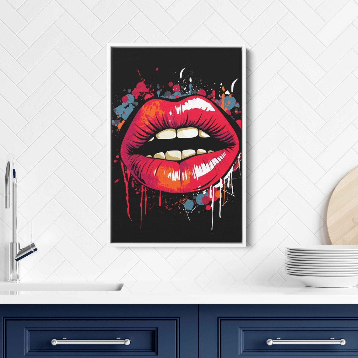 Pop Art Red Lips Paint Splash Bold Black Background Wall Art - Image 3
