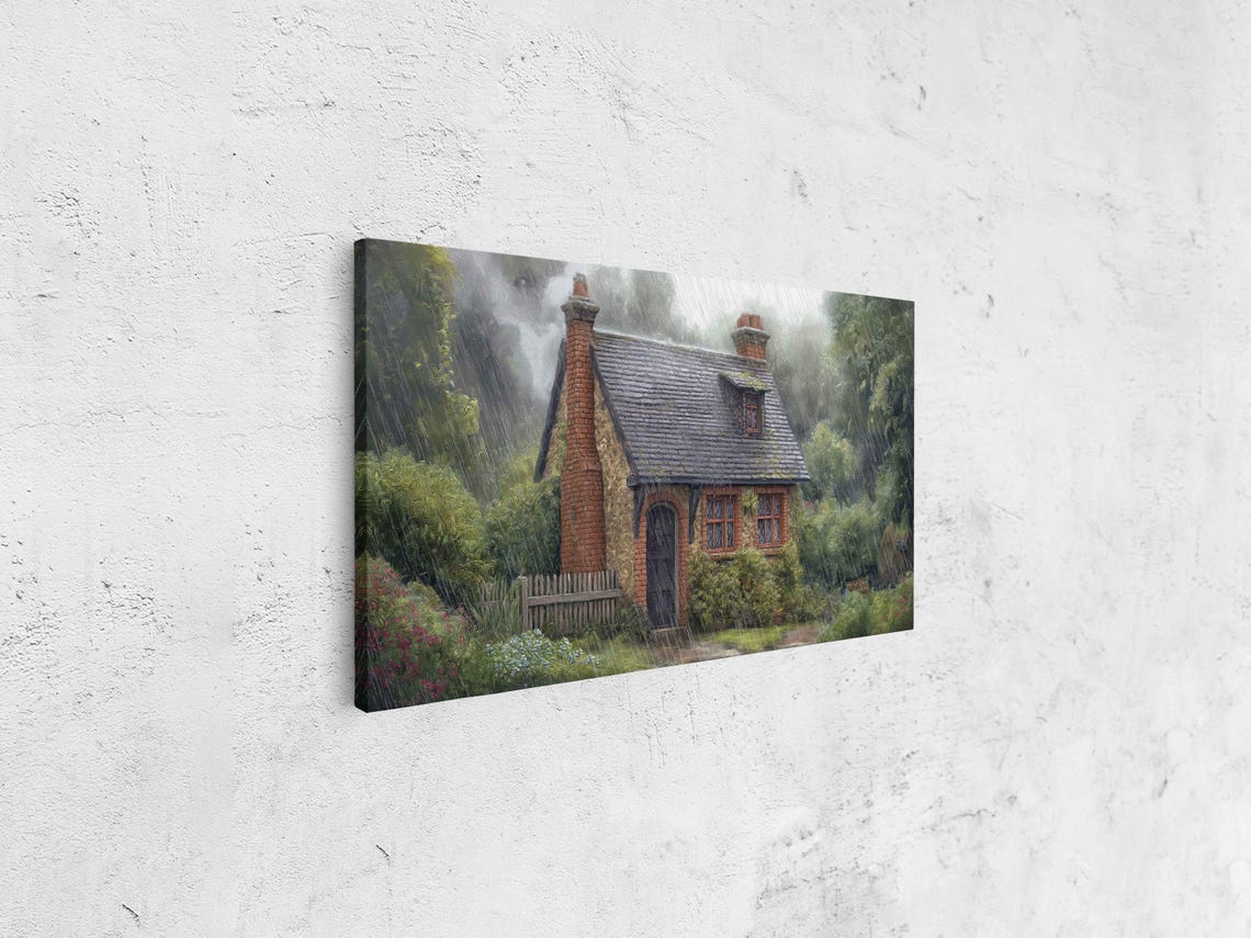 Cozy Brick Cottage in the Rain Moody Rainy Day Garden Poster - Image 4