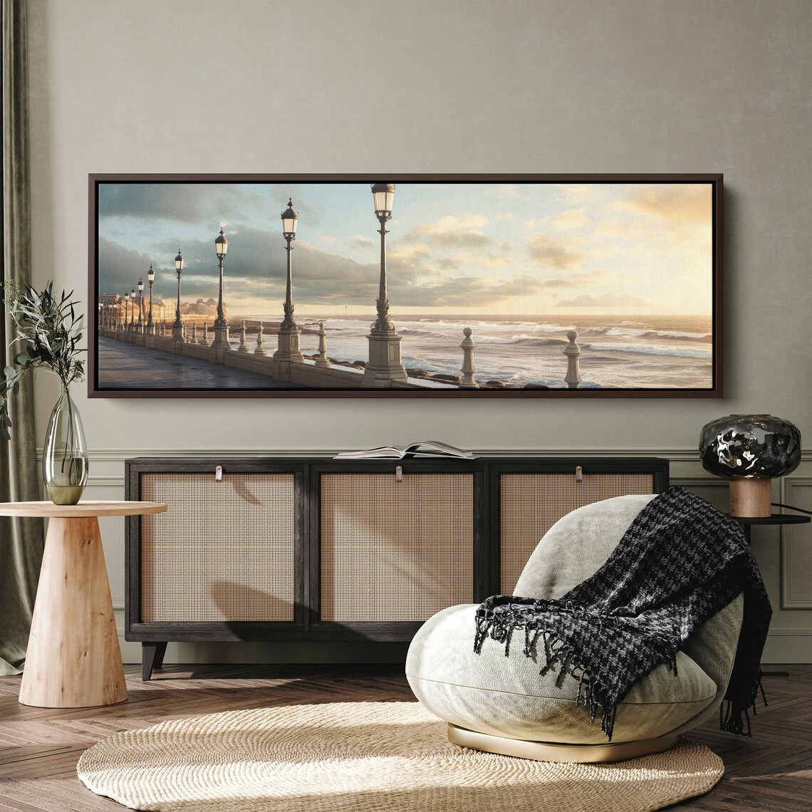 Sunrise Coastal Promenade Ocean Waves Vintage Lamppost Seaside Print - Image 3