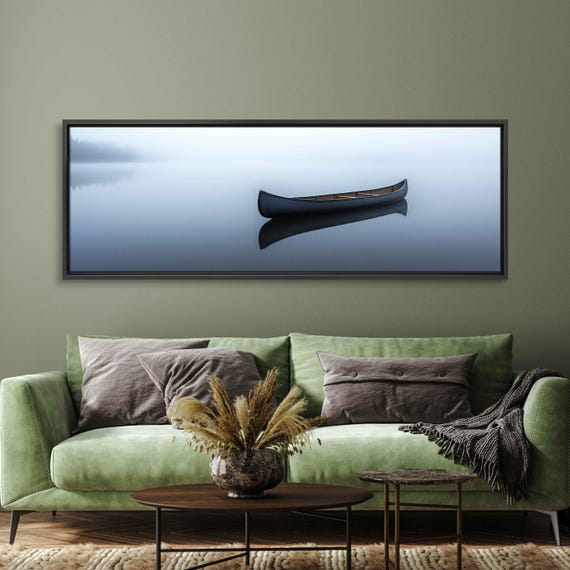 Canoe On Foggy Lake Wall Art Print Minimalist Photography Peaceful Landscape
