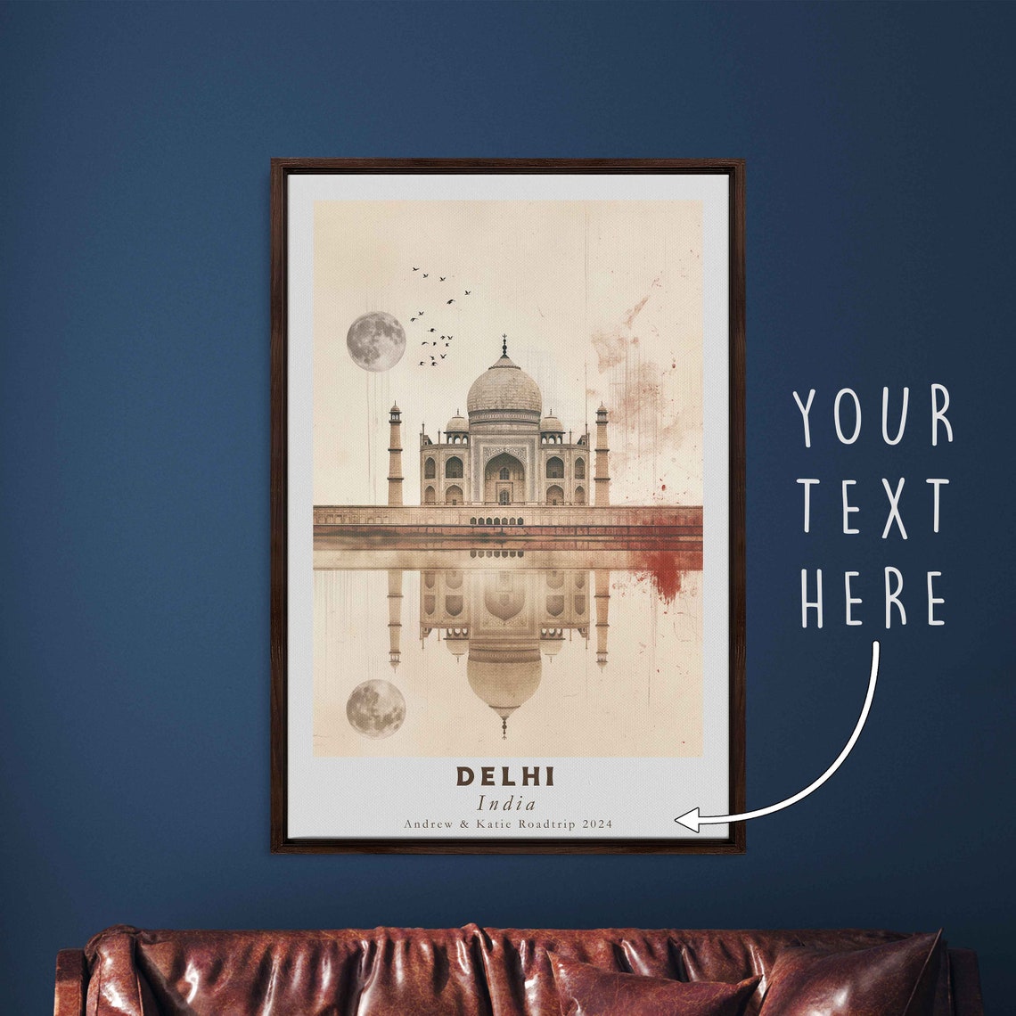 Delhi India Taj Mahal Reflection Sepia Moon Art Travel Poster - Image 3