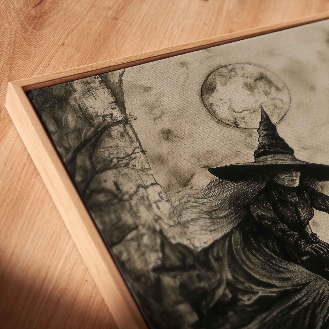 Gothic Witch Riding Bicycle Past Cathedral Under Full Moon Halloween Poster - Image 2
