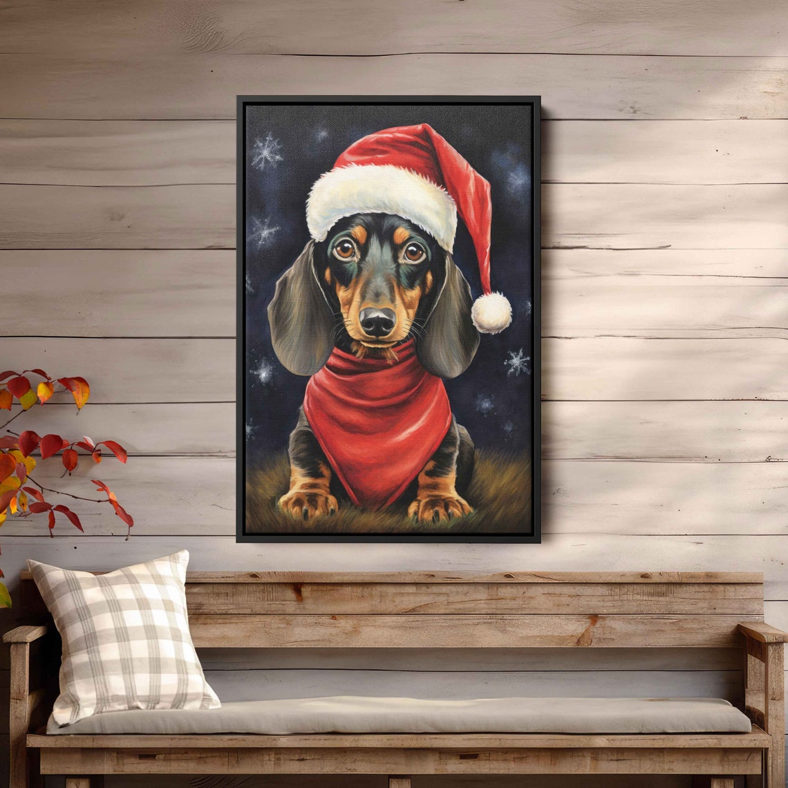 Dachshund Wearing Santa Hat Red Scarf Christmas Portrait Poster - Image 3