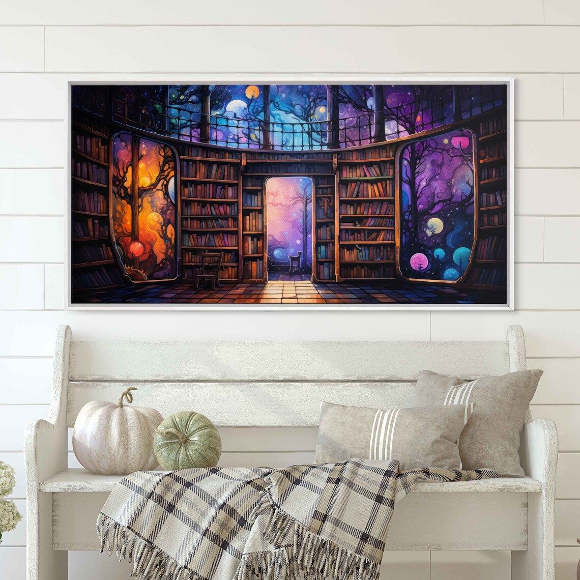 Colorful Fantasy Library Night Panoramic Bookshelves Moon Planets Art Poster - Image 2