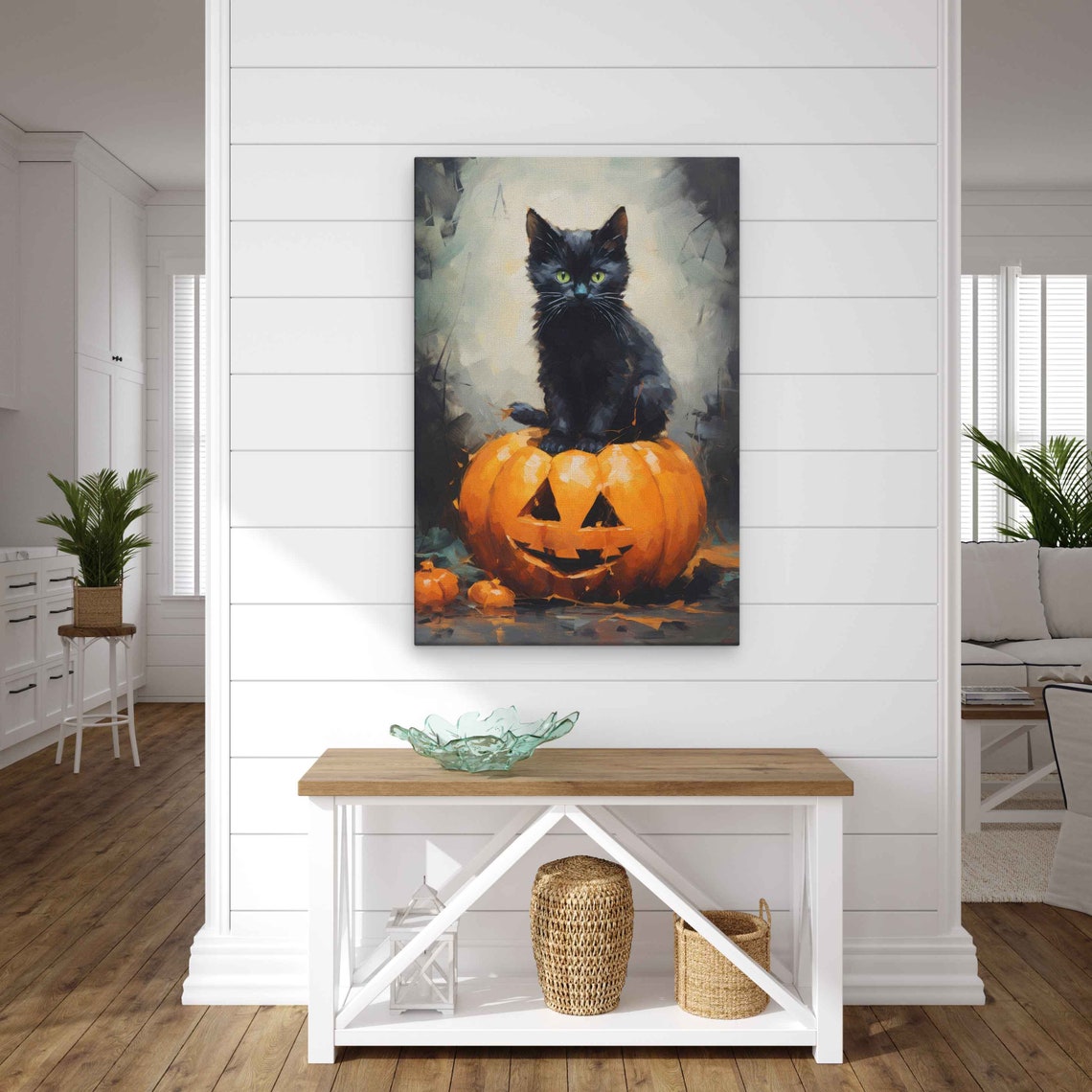 Black Cat On Jack O Lantern Halloween Pumpkin Painterly Cat Print - Image 3