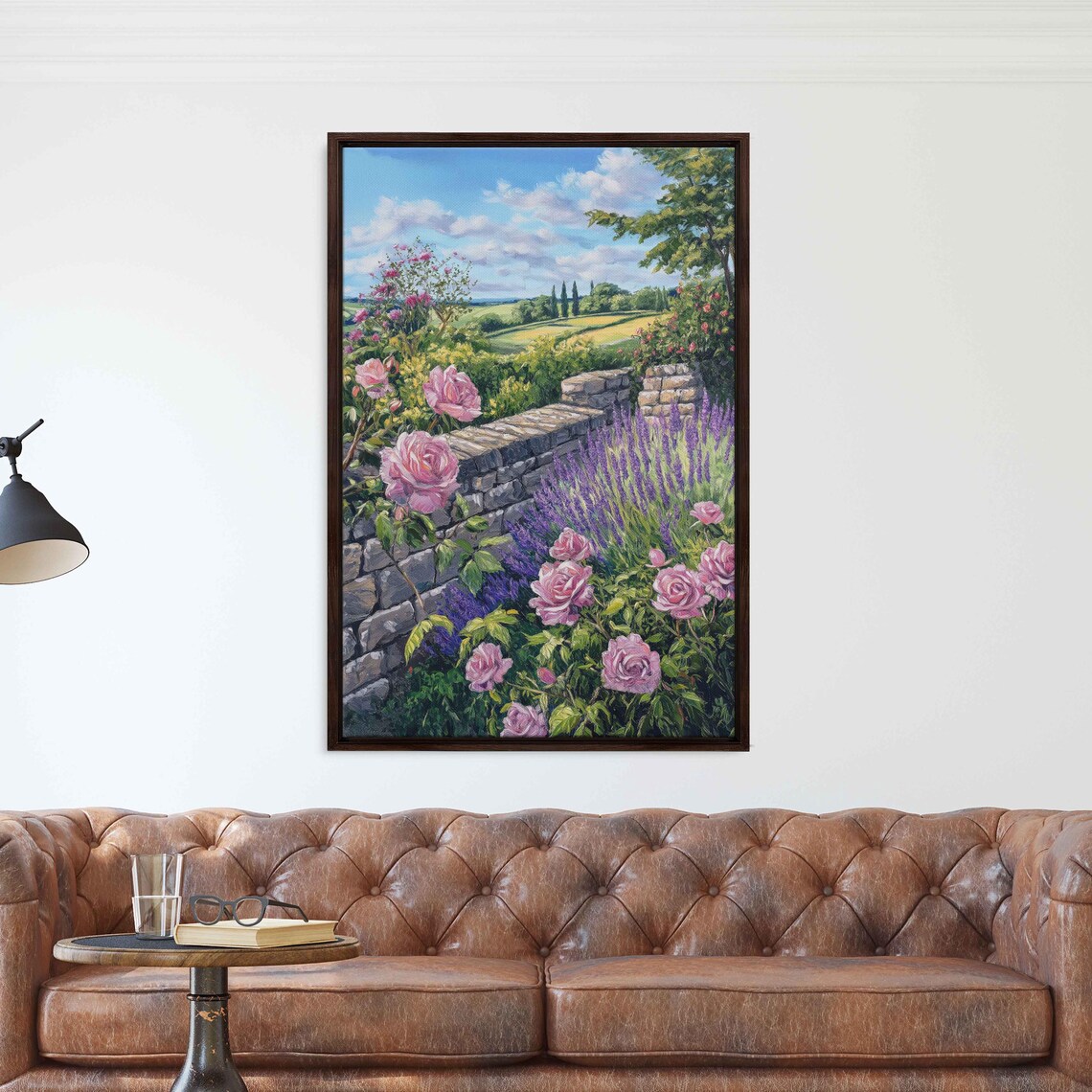 Blooming Pink Roses and Lavender by an Old Stone Garden Wall Poster
