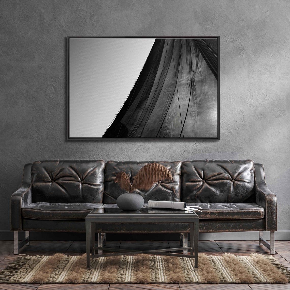 Black And White Billowing Sail Close Up Minimalist Nautical Art Poster