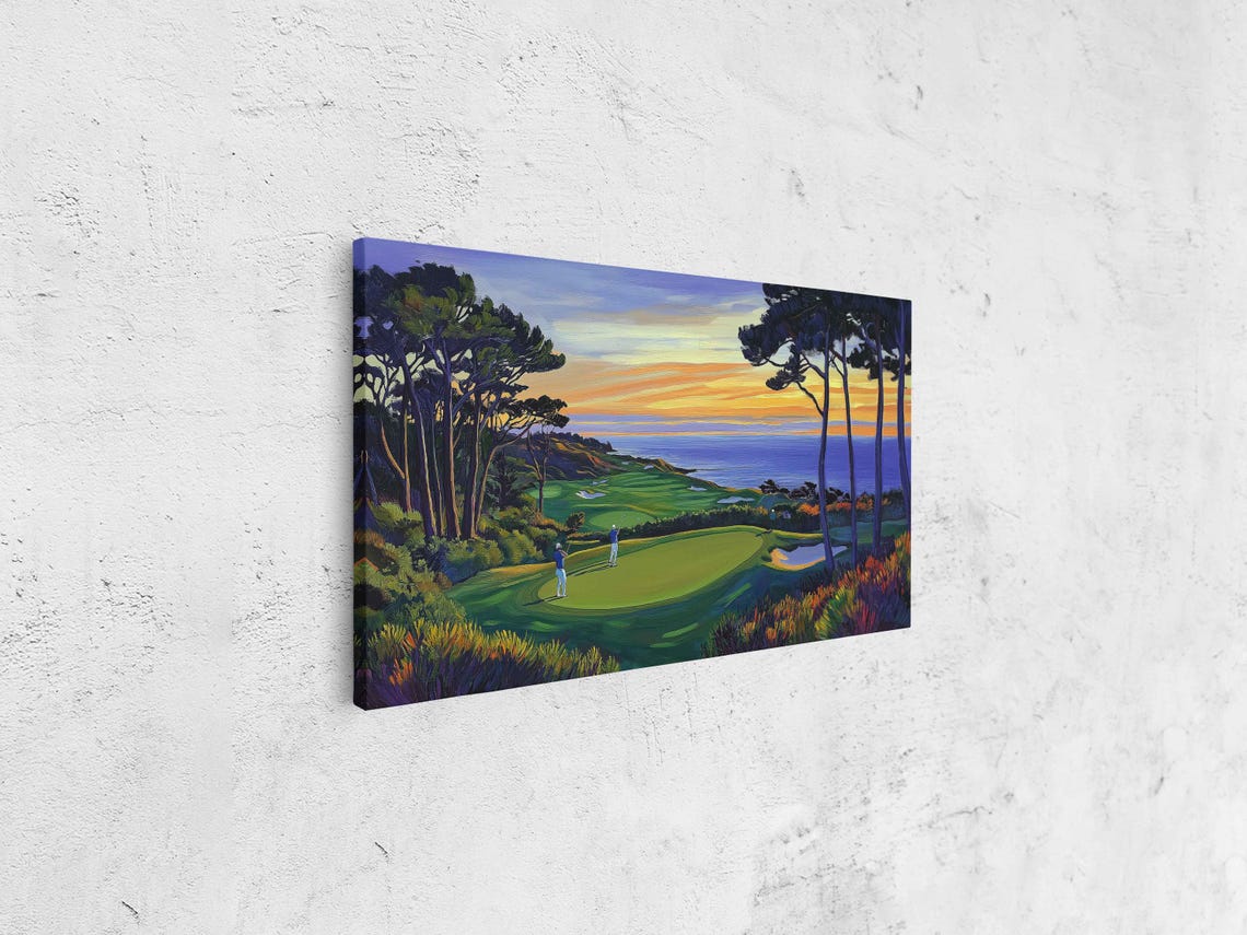 Coastal Golf Course Sunset Painting With Tall Pines Ocean View Poster - Image 4