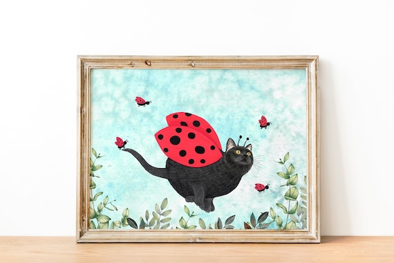 Black Cat Art Print, Funny Nursery Kids Room Decor