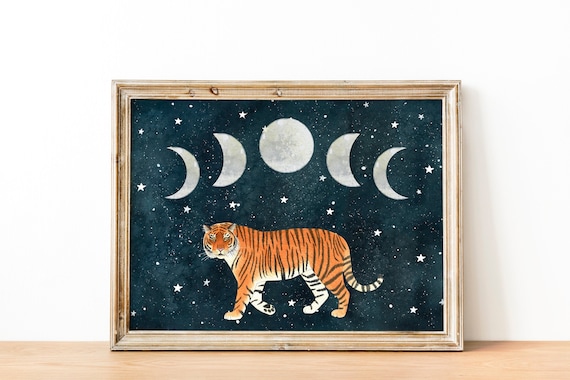 Tiger Moon Animal Illustration, Celestial Art Print