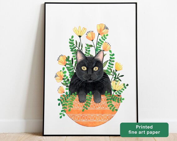 Black Cat Terracotta Planter Yellow Flowers Boho Illustration Poster