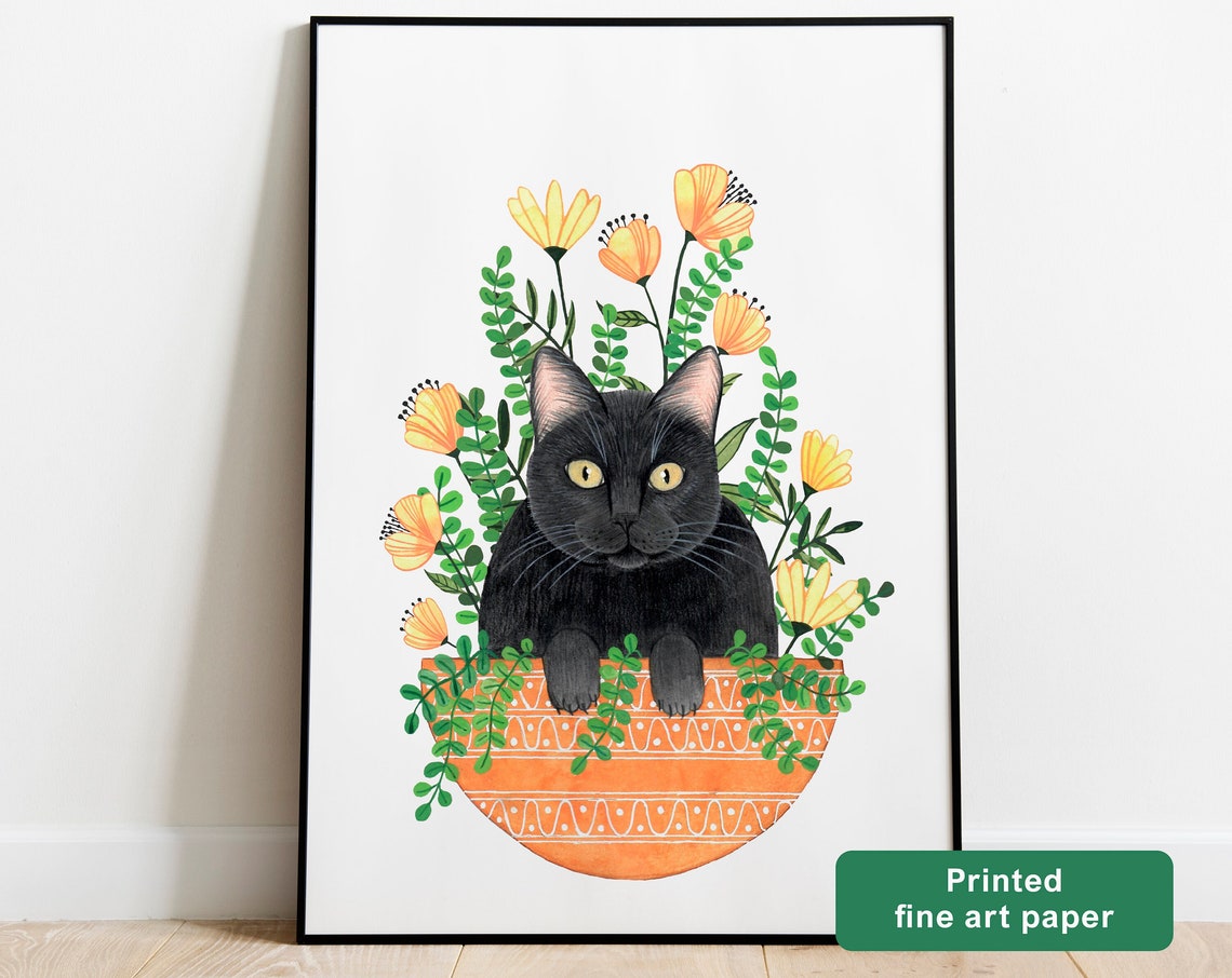 Black Cat Terracotta Planter Yellow Flowers Boho Illustration Poster