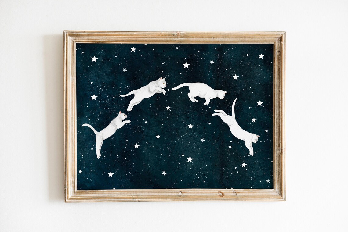 Cat Wall Art White Cats Kitten Illustration Print