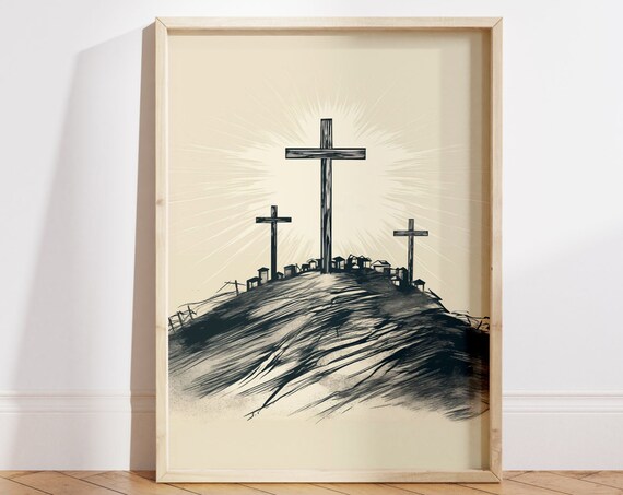 Three Crosses on Calvary Hill Ink Sketch Easter Faith Poster