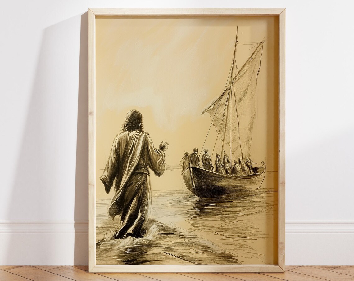 Jesus Walking on Water Sepia Sketch Disciples Boat Bible Art Poster