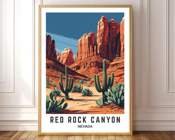 Red Rock Canyon Poster United States Travel Wall Art Desert Nevada Landscape Illustration Southwest Cactus Decor