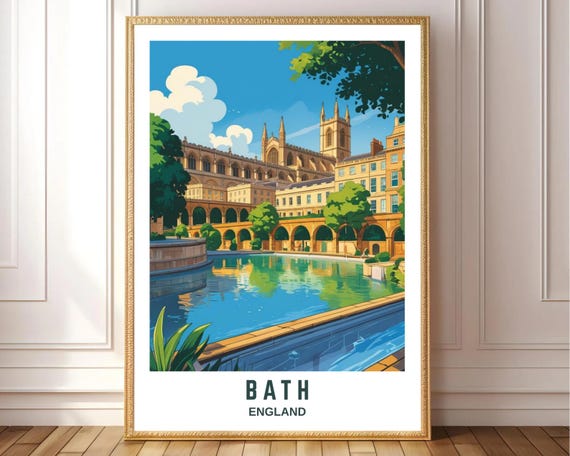 Bath England Travel Poster Vintage Style Wall Art British Landmark Print Historic Architecture Illustration Uk City Decor